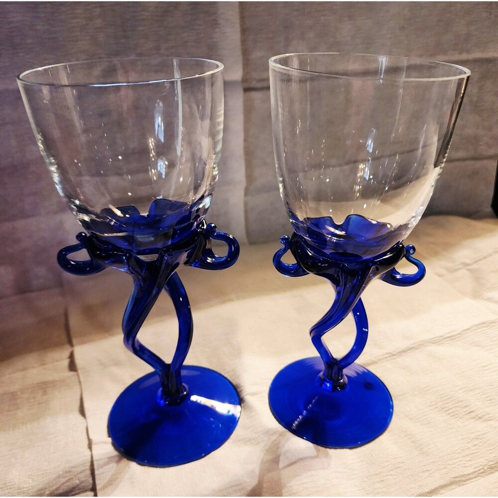Cobalt Blue Jellyfish Stem Art Glass Wine Goblets Hand Blown Jozefina Krosno 70s